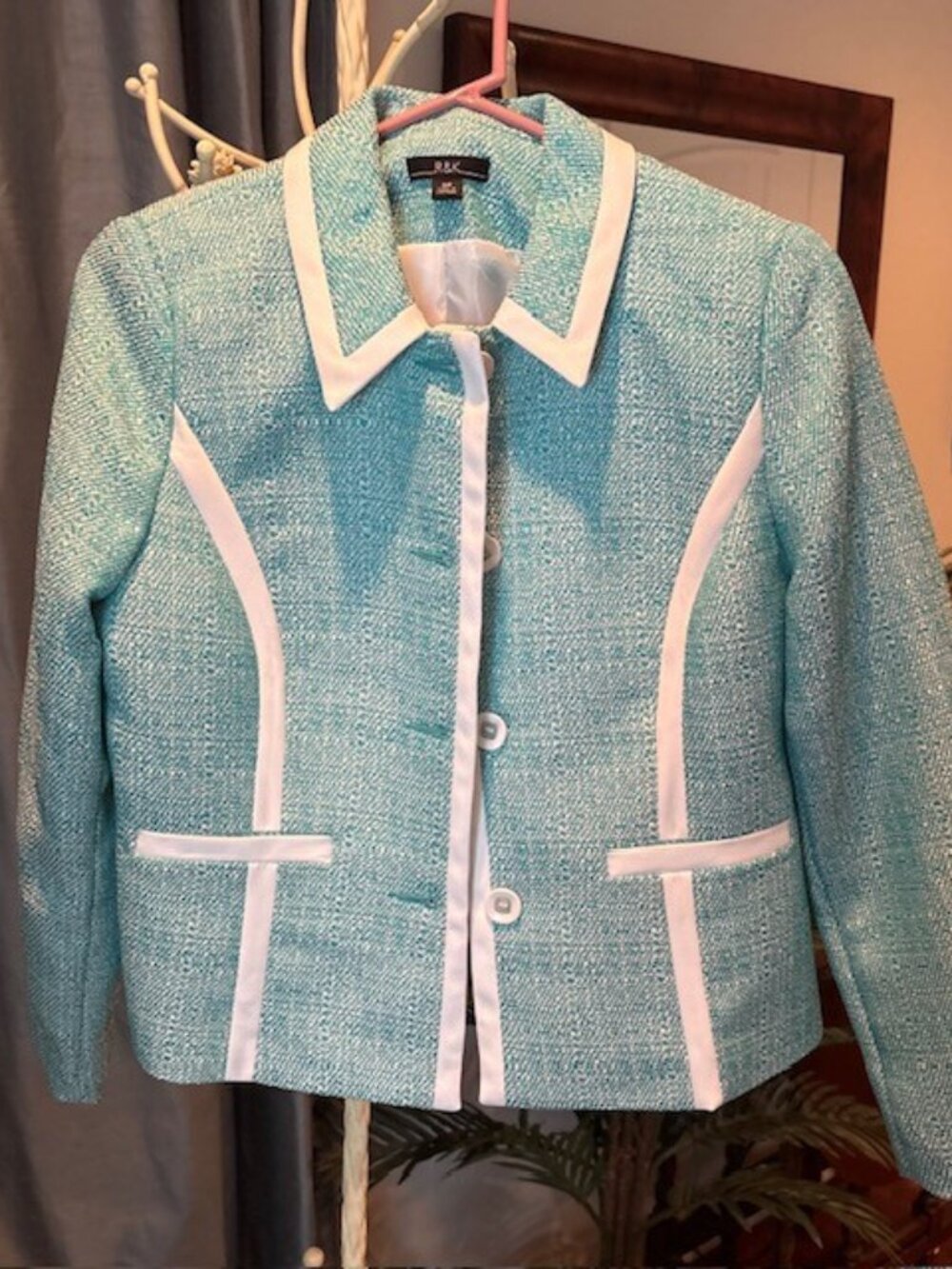 R&K Turquoise and White Graphic Lines Jacket Blazer Size 8 Petite NWOT